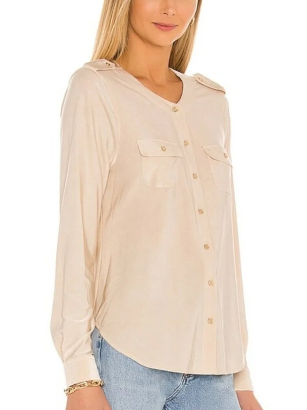 L'agence Lucca Military Button Front Blouse Light Champagne Gold Size Small